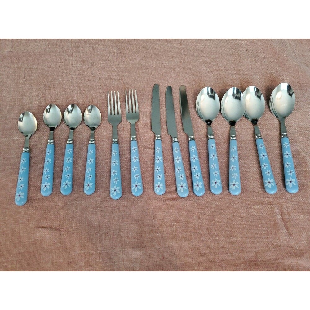Unbranded Stainless Blue Plastic White Daisy Flatware 13 Pcs.
